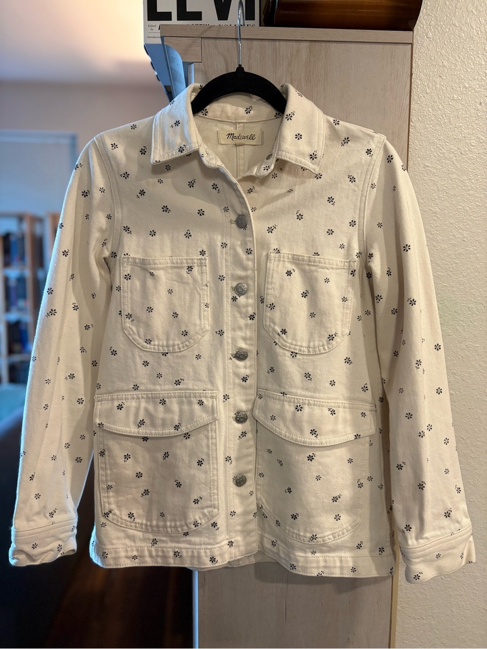 Madewell Cream Chore Barn Jacket/Shirt-Jacket with Tiny Black Floral Print